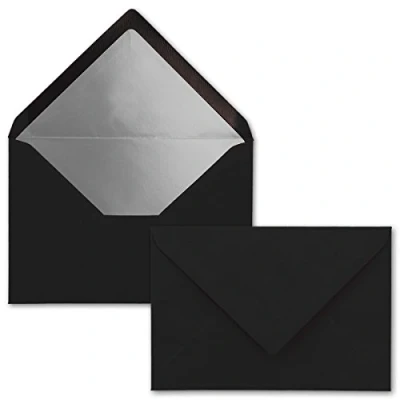 Abbildung von Kuverts in Schwarz 50 Stück Brief Umschläge DIN C6 114 x 162 mm 11,4 16,2 cm Nassklebung matte Oberfläche &amp; Silber Metallic Fütterung ohne Fenster für Einladungen
