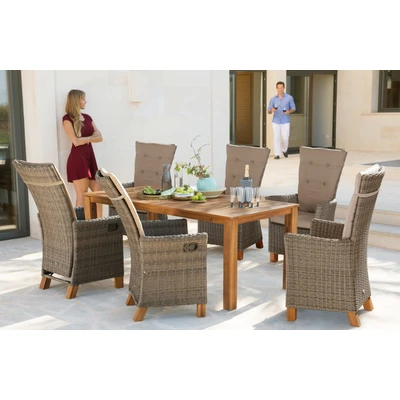 Abbildung von MERXX Garten Essgruppe &quot;Toskana Deluxe&quot;, (13 tlg., 6 Hochlehner Sessel, 1 Tisch 185x90 cm, inkl. Auflagen), Aluminium, Polyrattan, Akazienholz FSC 100 %, geeignet für Personen