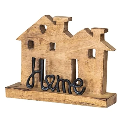 Abbildung von levandeo Aufsteller Haus H20cm Home Schwarz Mango Metall Schriftzug Holz Deko Mangoholz Tischdeko Wohndekoration