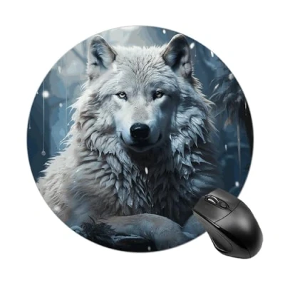 Abbildung von Mauspad mit Wolfsmotiv im Schnee, rund, wasserdicht, Gaming Mauspads rutschfester Gummiunterseite, waschbare Mauspads, personalisiertes für Schreibtischunterlage, 20 cm