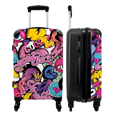 Abbildung von NoBoringSuitcases.com© Hartschalen Trolley Design Superstar Cool Muster Lippen Kinder 67 cm 72 L, 4 Rollen, Mittelgroßer Reisetasche mit Rollen für 20kg, Kinderkoffer