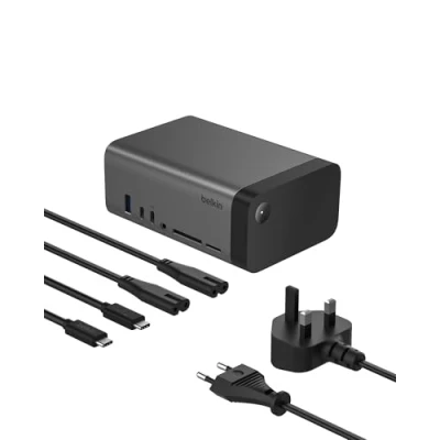 Abbildung von Belkin USB C 11 in 1 Pro GaN Docking Station (150 W), Verteiler mit Anschlüssen für C, A, Ethernet, SD, MicroSD, 3,5 mm Klinke und 4K HDMI 3 Monitore kompatibel MacBook usw.