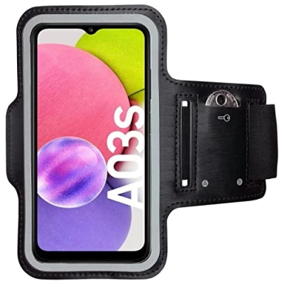 Abbildung von CoverKingz Sportarmband für Samsung Galaxy A03s Armtasche mit Schlüsselfach Oberarm Halterung Sport Laufarmband Handy Armband Schwarz