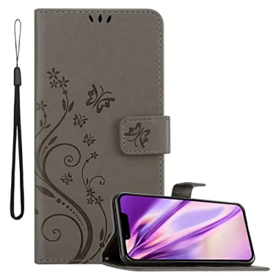 Abbildung von Cadorabo Hülle kompatibel mit Apple iPhone 14 Blumen Design aus Premium Kunst Leder Flip Klappbare Stoßfeste Magnetische [Standfunktion] [Kartenfächern] Cover für Tasche in Grau