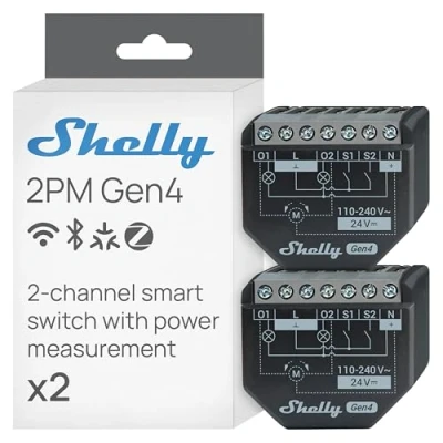 Abbildung von Shelly 2PM Gen4, WLAN betriebener Smart Relaisschalter, 2 Kanäle, 16A, Leistungsmessung, Rolladenschalter, Hausautomation, Kein Hub Erforderlich, Alexa, HomeKit &amp; Googlе, Zigbee, Matter (2 Stück)