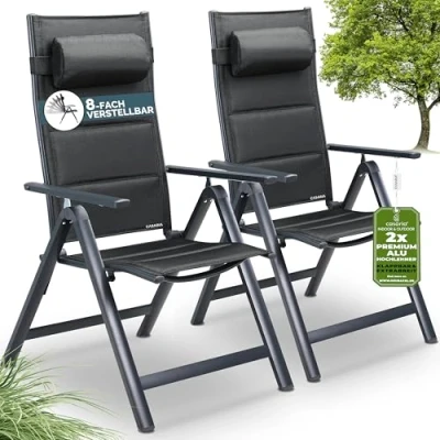 Abbildung von Casaria® Gartenstühle 2er Set Klappbar Gepolstert Alu 8 Fach Verstellbar 120 kg Belastbarkeit Wetterfest Outdoor Balkon Camping Hochlehner Klappstuhl