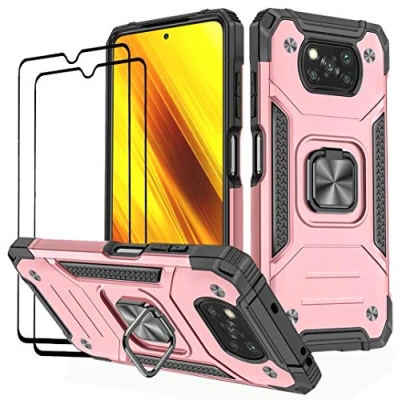 Abbildung von KANSi Hülle kompatibel für Xiaomi Poco X3 NFC/Poco Pro, Schutzfolie [2 Stück] Silikon TPU Hart PC Handy Hüllen 360 Grad Drehbar Ringhalter Bumper Stoßdämpfung Schutzhülle Rosé Gold