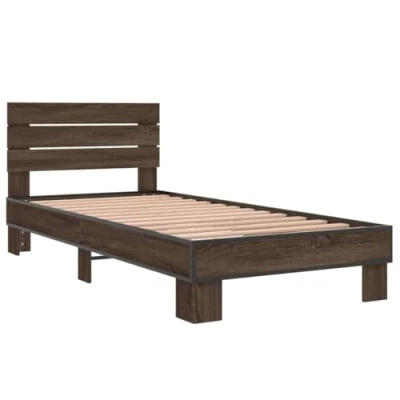 Abbildung von vidaXL Bettgestell, Einzelbett Bett mit Kopfteil, Bettrahmen Lattenrost, Schlafzimmerbett, Braun Eichen Optik 90x200cm Holzwerkstoff Metall