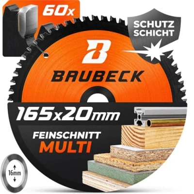 Abbildung von BAUBECK Sägeblatt 165x20 +16mm Adapter, 56Z, 1.5mm Schnitt in Holz &amp; Alu, Akku 18v kompatibel mit M. SP6000/J, DHS680, Bosch GKT 55 / GCE S/GKS 18 V, Kreissägeblatt 165x20, 165x16