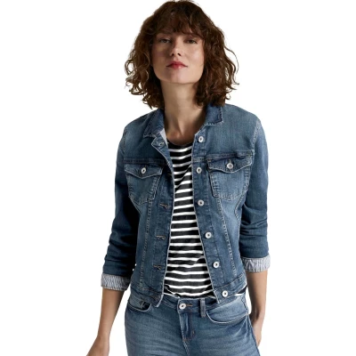 Abbildung von TOM Tailor Authentic Jacket Jeansjacke, Damen, Größe: Medium, Used dark stone blue denim