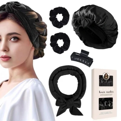 Abbildung von Locken Ohne Hitze,Samt Lockenwickler Über Nacht mit Schlafmütze, Hair Curler DIY Haare Lockenband Frisurenset,Lockenwickler Nacht,Heatless Curls Band für Langes Mittleres Haar Schwarz