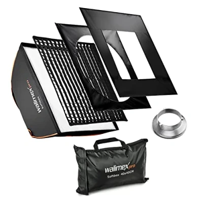 Abbildung von Walimex pro Softbox mit Gitter 40x40cm I Inkl Aurora/Bowens Adapter, 3cm Grid Masken Diffusor Lichtformer 360 drehbar hitzeresistent Ideal für Produktfotografie, Fotolicht Unterwegs &amp; im Studio