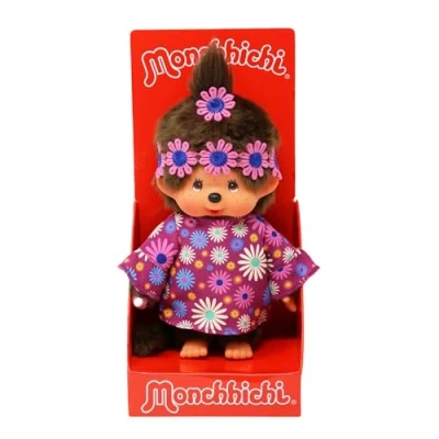 Abbildung von Monchhichi Plüschfigur Hippie Mädchen im Kleid 20 cm Puppe mit einem Zöpfchen