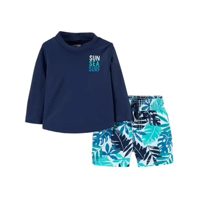 Abbildung von Simple Joys by Carter&#039;s Baby Jungen Swimsuit Trunk and Rashguard Rash Guard Set, Marineblau Weiß Tropisch, 3 Jahre
