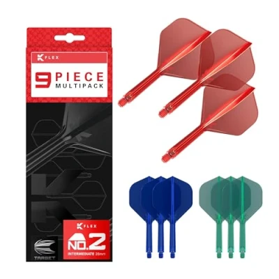 Abbildung von Target Darts K Flex Integrated Dart Flights and Shafts, Stiel mittlerer Länge (26 mm), Nr. 2 Flug, 9er Pack, Rot, Blau &amp; Grün