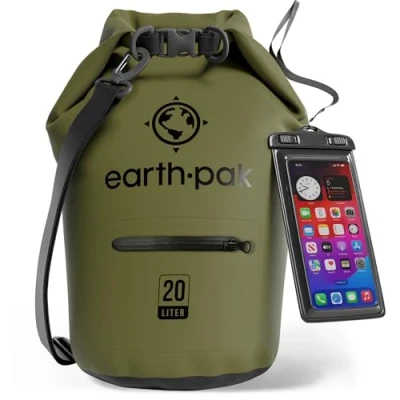 Abbildung von Earth Pak Wasserdichter Packsack mit Schultergurt und wasserfester Handyhülle Ideale Rolltop Tasche beim Kajak Fahren, Wandern, Camping, Angeln, Bootfahren Rafting (Rot, 20L)