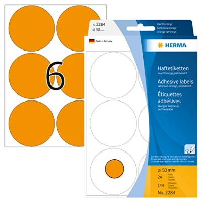 Abbildung von HERMA 2284 Punktaufkleber Klebepunkte leuchtorange, 144 Stück, Ø 50 mm, 6 pro Bogen, selbstklebend, Markierungspunkte für Kalender Planer Basteln, matt, blanko Papier Farbpunkte Aufkleber