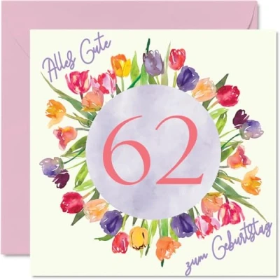 Abbildung von 62. Geburtstagskarte für Frauen Aquarell Tulpen Blumen Strauß Alles Gute zum Geburtstagskarten 62 Jährige Frau Mama Oma Tante, 145mm Zweiundsechzig Geburtstag Grußkarten