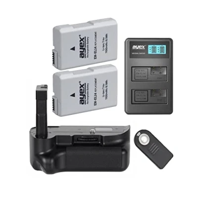 Abbildung von ayex Batteriegriff Passend für Nikon D5100, D5200 (ähnl. BG 2G) Inkl. IR Fernauslöser, 2 x EN EL14 Akku u. 1 USB Dual Ladegerät