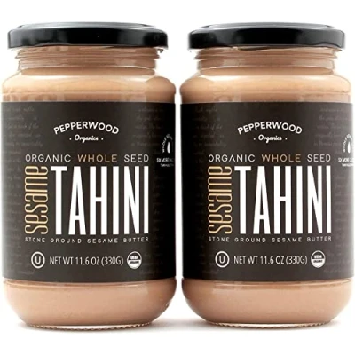 Abbildung von Bio Sesam Tahini Ungeschält und mit Stein Gemahlen Seidig Glatte Textur in Hummus, Dips, Dressings Ungesalzen, Nussfrei, Paleo, Keto 330 g Glas (2er Pack) Pepperwood Organics