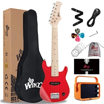 Abbildung von Winzz 30 Zoll Mini E Gitarre Kinder Ahorn Griffbrett Elektrische Anfänger Set für mit Verstärker, Farbe Rot