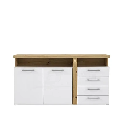 Abbildung von FORTE Tuluza Kommode mit 2 Türen und 4 Schubladen, Holzwerkstoff, Weiß + Artisan Eiche / Hochglanz, 73,5 x 85,9 163,2 cm