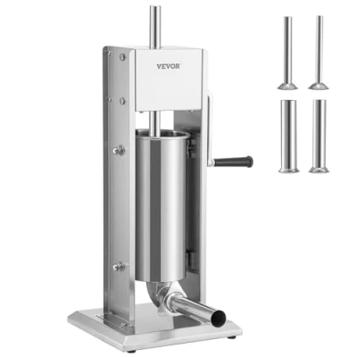 Abbildung von VEVOR Manueller Wurstfüller Wurstfüllmaschine 5 L, Edelstahl + Aluminium Professionelle Silberne Wurstmaschine inkl. 37/30 / 21/15 mm Füllrohre, 2 Gang Getriebe Vertikale Wurstpresse Handkurbel