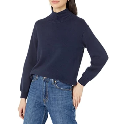 Abbildung von Amazon Essentials Damen Pullover aus Baumwolle mit hohem Stehkragen (erhältlich in Übergröße), Marineblau, S