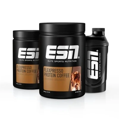 Abbildung von ESN Flexpresso Protein Coffee + Gratis Shaker, Schokolade, 2 x 908 g, Cremiger Kaffee mit bis zu 22 g pro Portion made in Germany