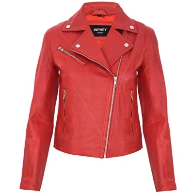 Abbildung von Infinity Leather Damen Rot Echtes Leder Ausgestattet Motorradfahrer Reißverschluss Mode Jacke L