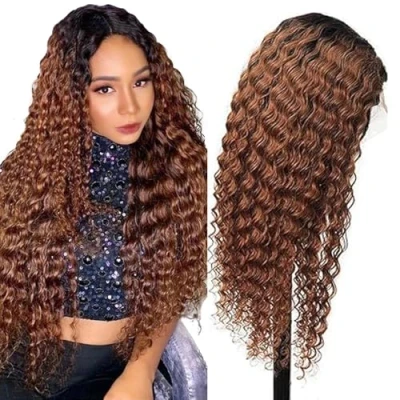 Abbildung von Lakaisa 4X4 Lace Front Wig Human Hair Glueless Wear and Go Kinky Curly Echthaar Perücke Brazilian Virgin 180% Density Free Part Brown Color for Woman 22 Zoll