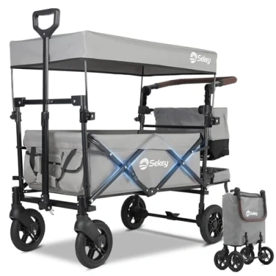 Abbildung von Sekey Bollerwagen Faltbar mit Dach 2 Kinder 150KG, Faltbarer Handwagen Schiebegriff, Kinderwagen Stoßfest PU Räder Bremsen 110L, SS 5050, Grau