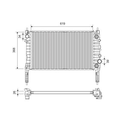 Abbildung von VALEO 701378 Kühler, Motorkühlung Aluminium 619mm 368mm 26mm ohne Kühlmittelregler Kühlrippen gelötet OPEL: Mokka / X, CHEVROLET: Trax I