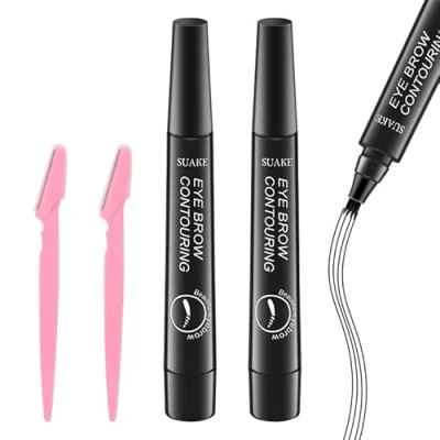 Abbildung von 2 Pcs Augenbrauenstift Wasserfest Brauenstift Wasserdichter 3D mit 4 Gabelspitzen Microblading Schwarz Augenbrauen für Einsteiger und Profis