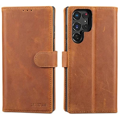 Abbildung von LENSUN Echtleder Hülle für Samsung Galaxy S22 Ultra, Handyhülle [Echt Leder] [Klappbar] [RFID Schutz] Handytasche Lederhülle Ultra 5G Vintage Braun