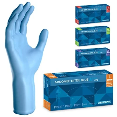Abbildung von ARNOMED Einweghandschuhe Blau Extra Lang, 30cm Lange Einmalhandschuhe XL, Nitrilhandschuhe Einweg Dick, 100 Stk/Box, Gummihandschuhe Lang Einweg, Langer Schaft in S, M, L &amp; XL