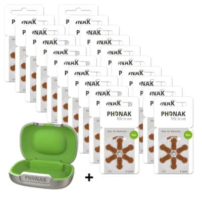 Abbildung von 120x Phonak Hörgerätebatterien P312 braun PR41 (20x 6er Blister) + Hörgeräte Etui/Aufbewahrungsbox