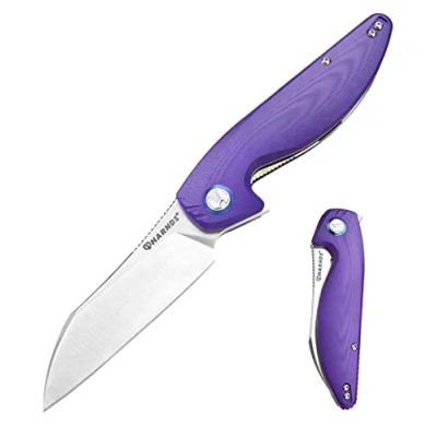 Abbildung von Harnds Parrot Klappmesser,Camping messer mit 91mm Sandvik 14C28N Klinge und messerkantenverschluss Rutschfester G10 Griff, Klapp Taschenmesser Clip für Outdoor Selbstschutz (Lila)