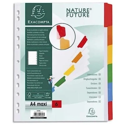 Abbildung von Exacompta 4306E Karton Register Weiß in Überbreite für DIN A4 MAXI aus starkem 6 teilig volle Höhe 24 x 29,7 cm weiße Blätter farbige und verstärkte Taben Trennblätter Trennstreifen