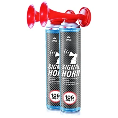 Abbildung von 2 x AAB Signal Horn Laut Nebelhorn 106 dB(A) Mit Nicht Brennbarem Gas, Bis Zu 320 Kurze Pieptöne, Fanfare, Fußball Airhorn, Gasfanfare, Pressluft Luftdruck Tröte, Drucklufthupe