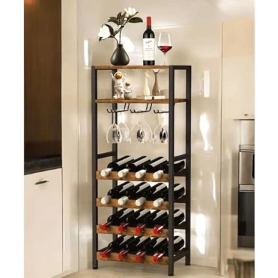 Abbildung von DanDiBo Weinregal Metall Schwarz Stehend mit Glashalter 100 cm 96575 Flaschenregal, 2 Ablagen, Platz für 16 Flaschen