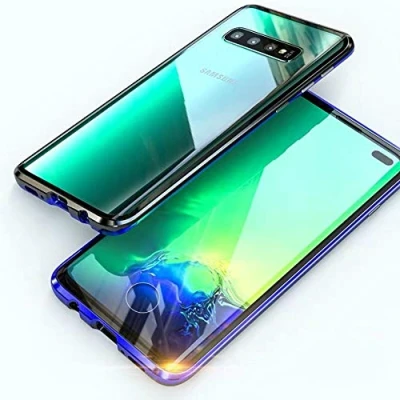 Abbildung von Handyhülle kompatibel mit Samsung Galaxy S10 Hülle Magnetische Adsorption Metallrahmen 360 Grad Full Body Schutzhülle Vorne hinten Gehärtetes Glas Einteiliges Case,Blau