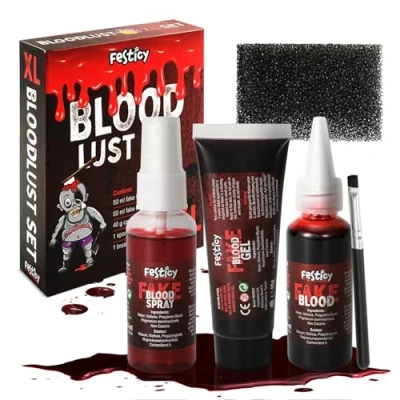 Abbildung von Festicy Kunstblut Halloween XXL Set 2024 I 50ml Kunst Blut, Spray, 40g Fake Blood Gel, Schwamm &amp; Pinsel Blut für Make up SFX auswaschbar, Blutplasma