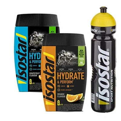 Abbildung von Isostar Hydrate &amp; Perform Grapefruit Orange Pulver 2er Angebotspack + Original 1000ml Trinkflasche