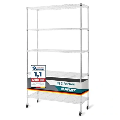 Abbildung von KARAT Regal auf Rollen Gitterregal aus Metall mit 5 Regalböden, Rollwagen für Küche, Badezimmer, Keller, Abstellraum bis 120kg, Küchenwagen Aufbewahrungswagen verchromt 89x34x150cm