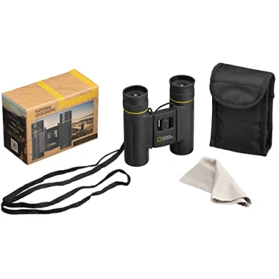 Abbildung von National Geographic 10x25 Taschenfernglas mit faltbaren Augenmuscheln für Brillenträger, Gummierung, Vollvergütung, Faltfunktion und Transporttasche