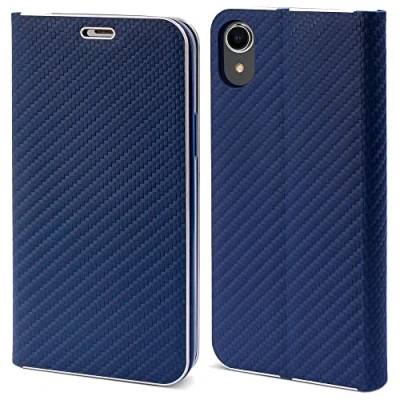 Abbildung von Moozy Hülle für iPhone XR, Dunkelblau Carbon Metallischer Kantenschutz Klapphülle Handyhülle mit Kartenfach und Standfunktion