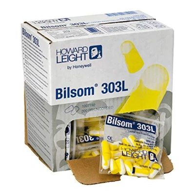 Abbildung von Howard Leight by Honeywell Bilsom 303L Einweg Ohrstöpsel aus Schaumstoff, SNR 33 dB, Größe L, gelb und weiß, Kugelform, ohne Kabel, 1007192 (Packung mit 200 Paar)
