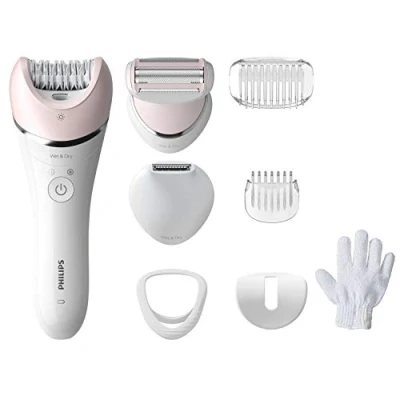 Abbildung von Philips 8000 Series Nass und Trockenepilierer BRE721/00, 8 Aufsätze, 32 Pinzetten, kabelloser Betrieb, 2 Geschwindigkeitsstufen, Opti Light, Keramikscheiben, Silber