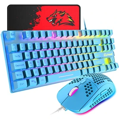 Abbildung von Gaming Tastatur und Maus, 88 Tasten USB mit Hintergrundbeleuchtung in Regenbogenfarbe + programmierbare ultraleichte Maus 6400 dpi für Computer PC PS4 PS5 Laptop Mac ( blau)